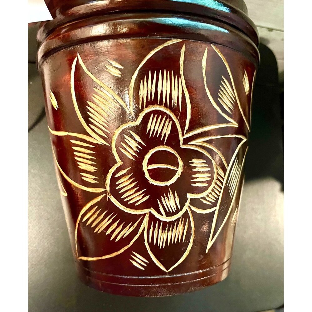 Indonesian Hand Carved Wooden Urn/Jar with Lid